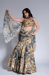 Ripple Effect - Black & Wheat Gold Embroidered Lehenga Set